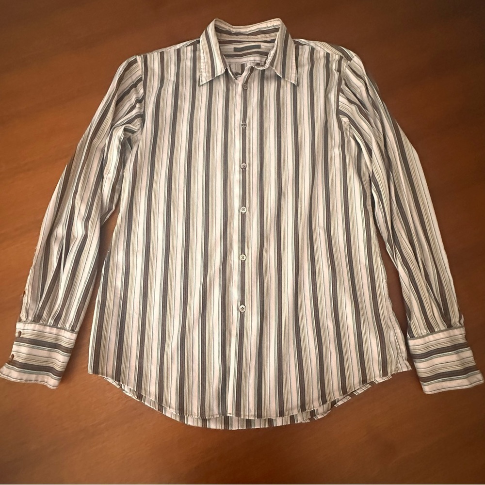 Men’s John Varvatos Striped Dress Shirt in Brown and Pink Size Large Cotton
